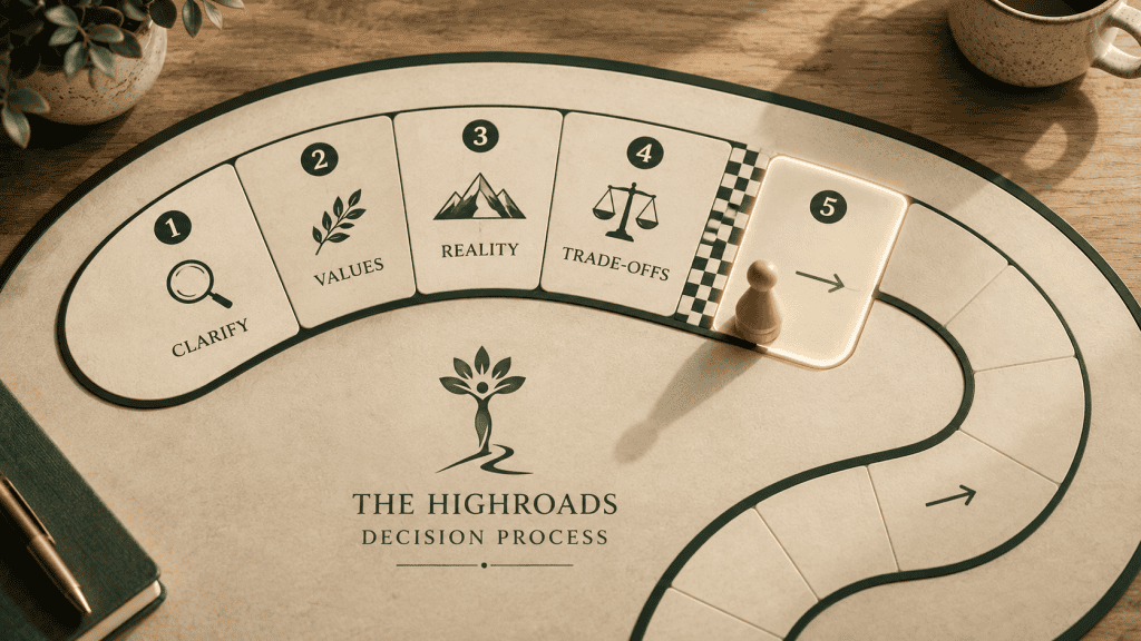 Decision-making process board with values, reality, trade-offs, and clarity.