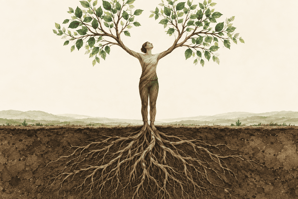 Person with outstretched arms as tree branches and roots symbolize growth and values.