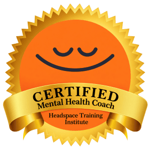 Certified mental health coach badge with smiling sun and gold ribbon.