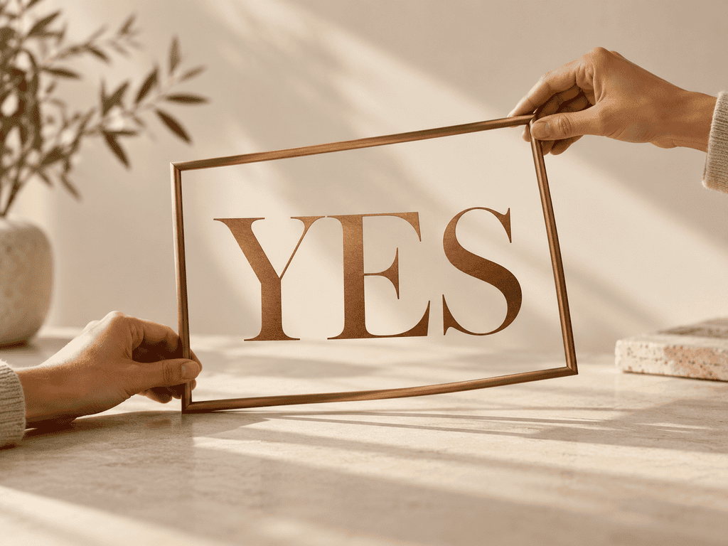 Hands holding a glass sign with 'YES' for decision-making.